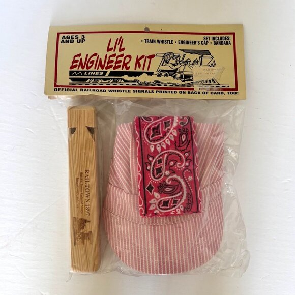 Vtg Lil Engineer Kit Girl Train Whistle Engineers Cap Bandana‎ Pink Girl New - Picture 1 of 3